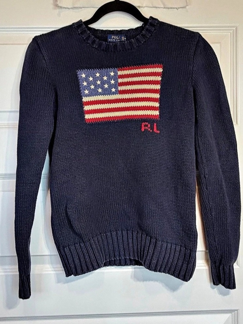 Polo Ralph Lauren American Flag Knit Sweater Navy PS 100% Cotton 1145